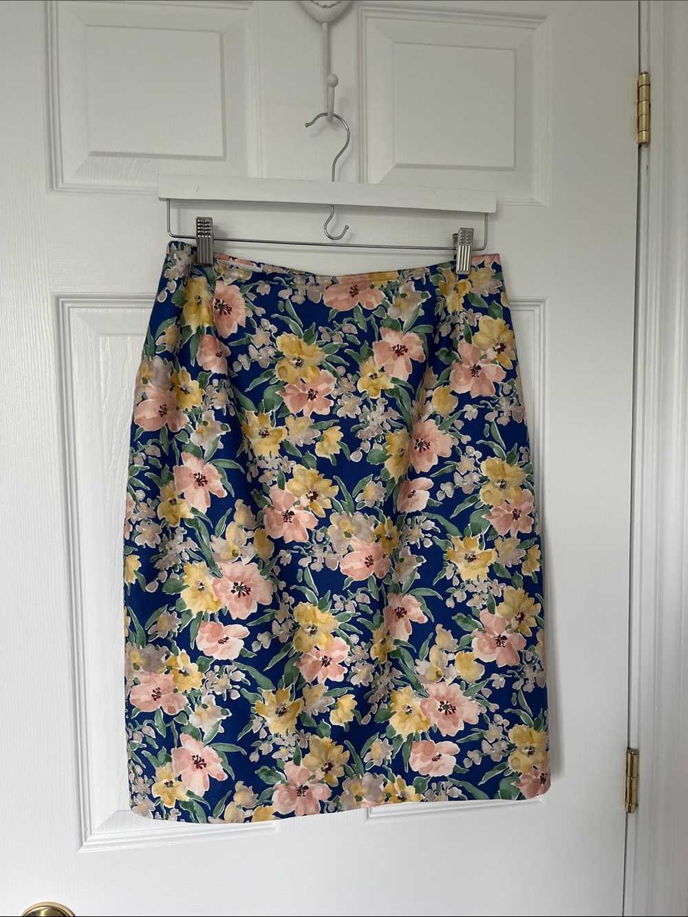 Rouie Navy Vintage Pencil Skirt with Pink & Yellow Floral Print